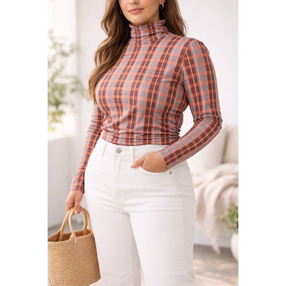 Tanya Taylor Burgundy Plaid Organic Cotton Selby Mock Neck Top